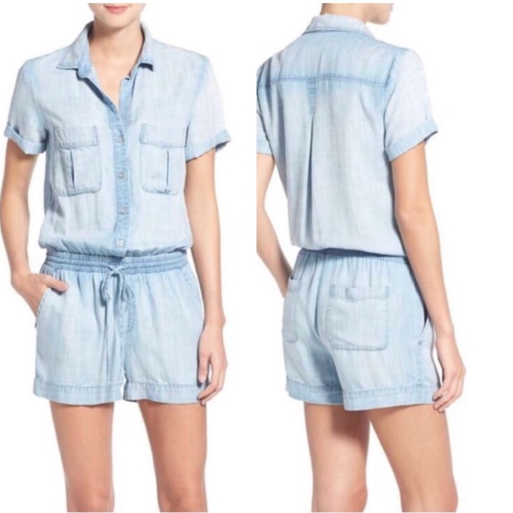 Side Stitch Denim Button Front Chambray Romper, Pockets, Tie Waist, Size Small - Picture 10 of 15